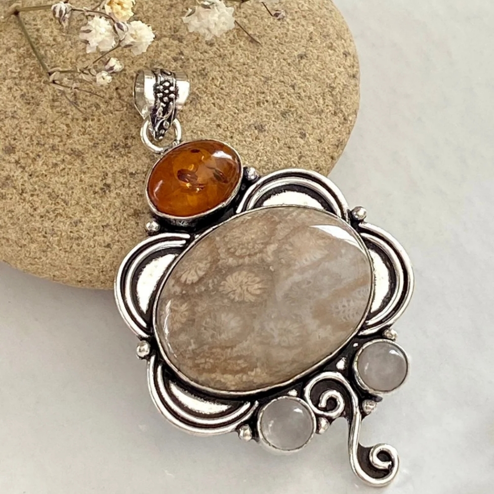 Fossil coral and Amber pendant